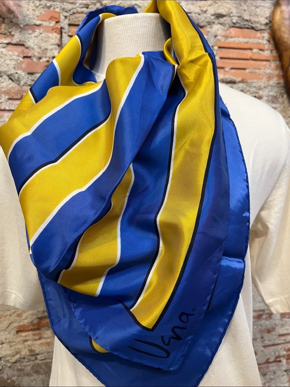 Vintage Vera Neumann blue / gold scarf 100% acetate made in Italy large logo